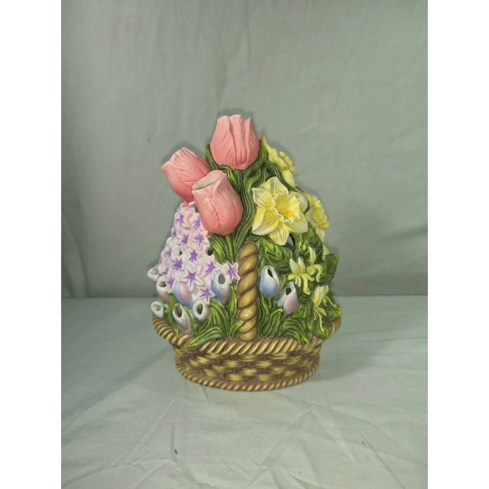 Vintage PartyLite Ceramic Flower Basket Tealight Candle Holder Spring Floral
